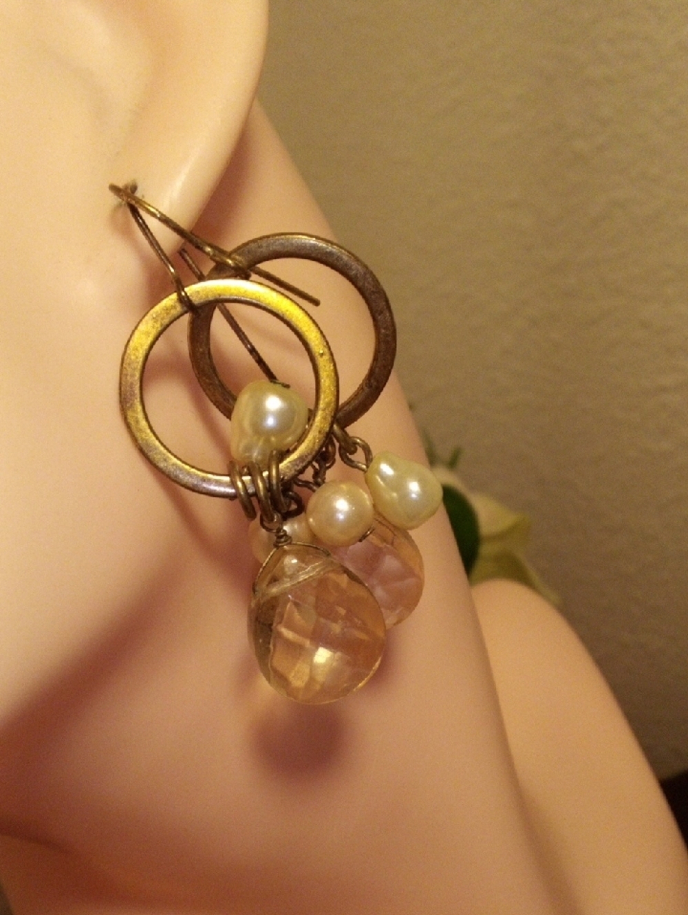 Handcrafted Pearl & Crystal Drop Earrings in Gold Tone - Picture 2 of 4